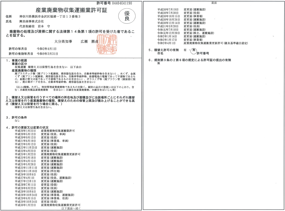 栃木県収集運搬許可　優良認定