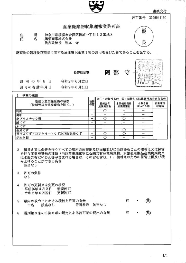 産業廃棄物収集運搬業（長野県）の許可品目変